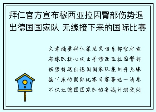 拜仁官方宣布穆西亚拉因臀部伤势退出德国国家队 无缘接下来的国际比赛